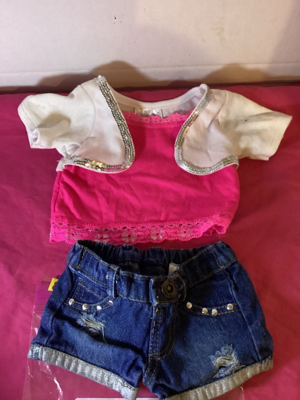 540-Build a Bear Outfit Pink Shirt & Denim Blue Jeans Shorts